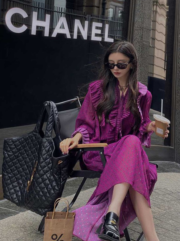 Xu Lin mini French high-end heavy-duty purple dress pleated all-match iris purple custom floral series