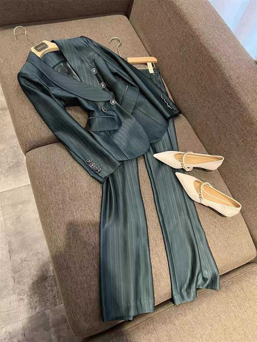VANLU 2022 early autumn ZUI new! Imported acetate suit ~ high-grade striped double-breasted suit + straight pants 1718