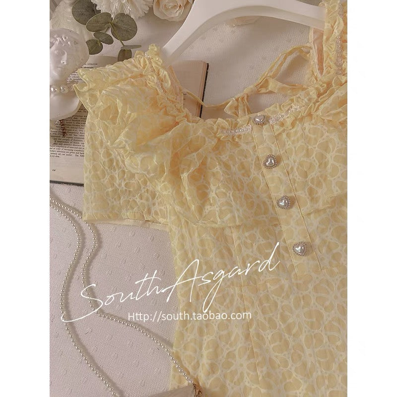 Southern Asgard can be sweet and salty dress female small milk yellow lotus leaf gentle wind first love skirt waist