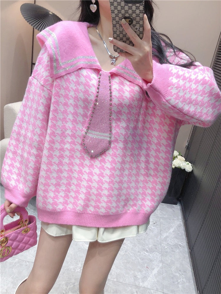 Autumn and winter new college style sweet age-reducing long-sleeved sweater women's navy collar houndstooth loose cashmere sweater