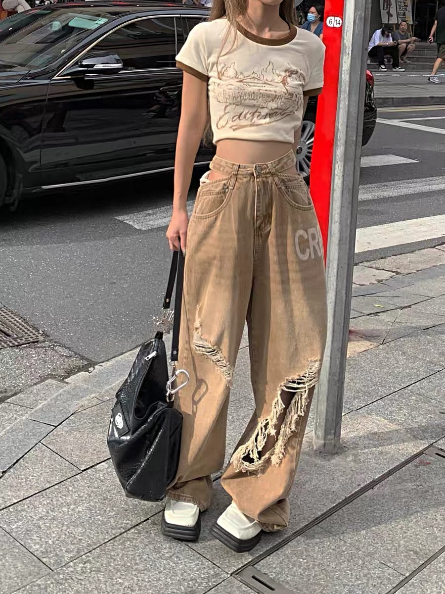 Kumikumi design sense ripped hole raw edge jeans women's summer retro high waist straight pants mopping pants long pants 2219