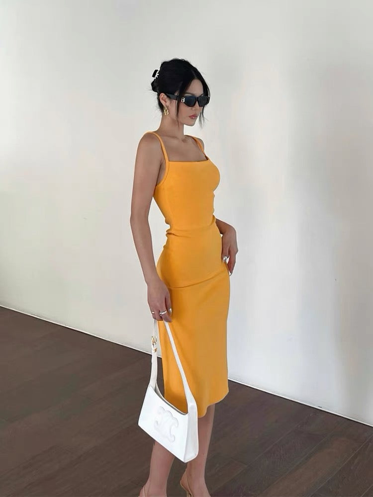 Jing Ye Yellow Sexy Sling Dress Women's New High Waist Waist Temperament Slim Slit Mid-Length Skirt