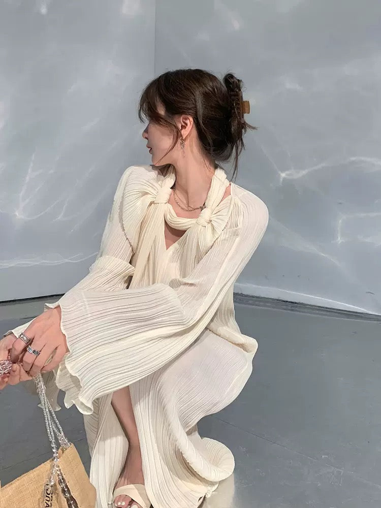 Middletone | muse goddess level! Gentle temperament hanging front slit long-sleeved pleated dress women's summer