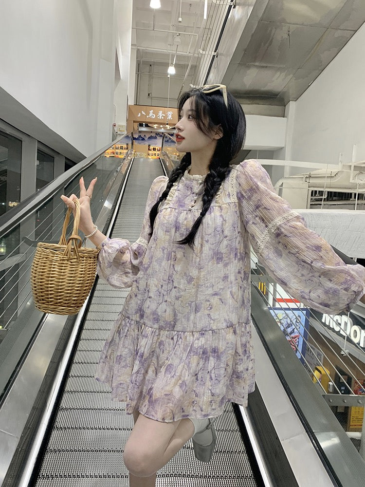 French retro lace stitching long-sleeved floral dress dress women's summer niche gentle style a-line skirt