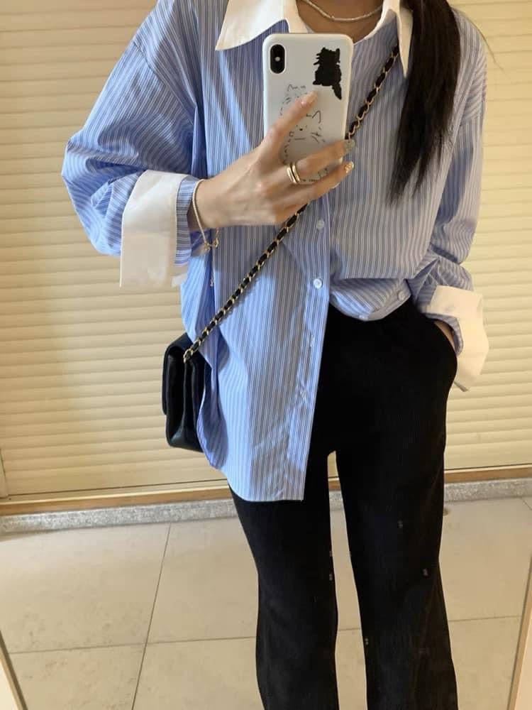 Blue and white striped color contrast shirt women 2023 spring and autumn new niche design high-end French loose chic top
