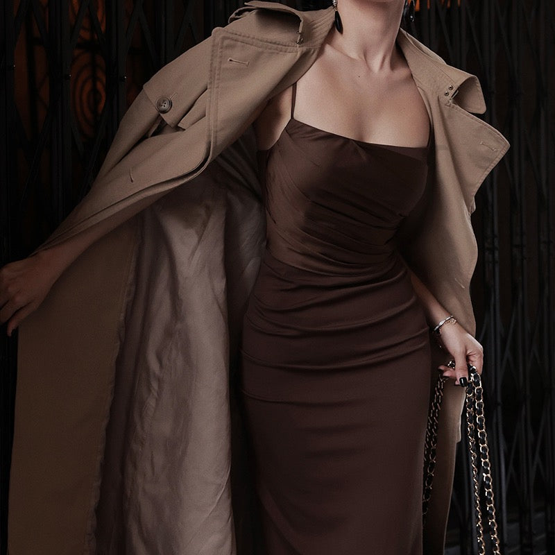 Xiaoli Jiuxin chocolate sling bag hip dress 2022 new autumn high-end sexy retro slim dress