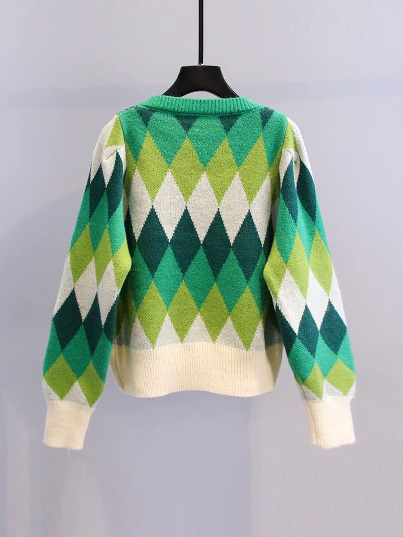 Contrasting color rhombus sweater jacket women's spring 2022 new Japanese style small fresh college style age-reducing knitted cardigan
