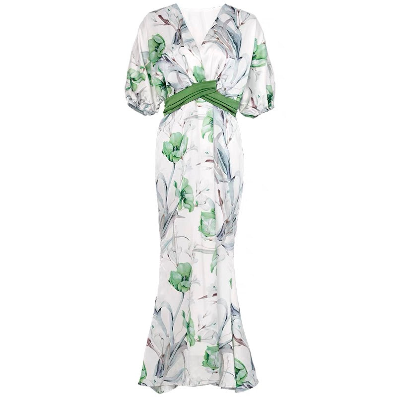 Summer women's clothing 2022 new temperament printed lantern sleeves waist slim satin fishtail dress long skirt skirt