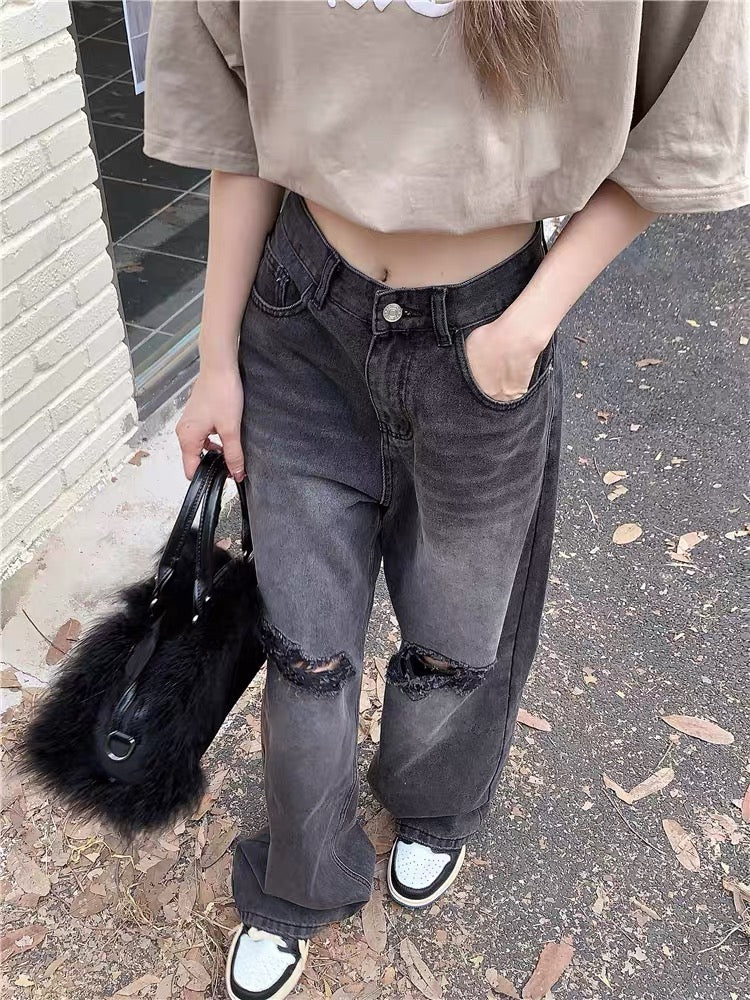 1114 Kumikumi loose ripped jeans women's summer retro old straight-leg pants show thin wide-leg pants long pants tide