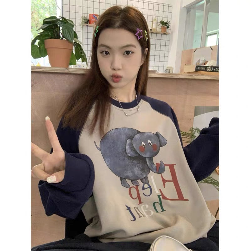 Long-sleeved T-shirt women's autumn new loose casual elephant letter print raglan sleeves bottoming shirt top trendy