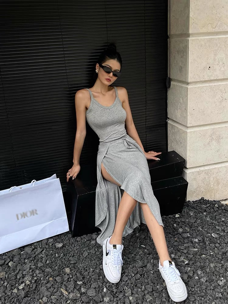 Well also gray casual suit women's summer v-neck camisole irregular slit skirt two-piece set