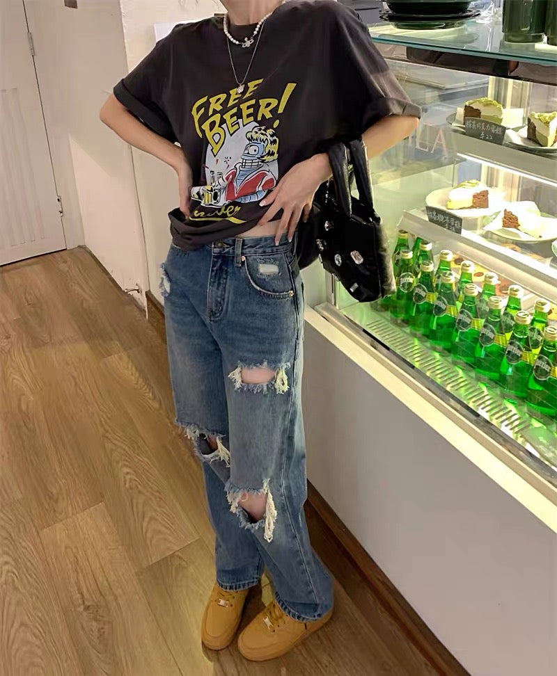 3276Kumikumi design sense hole jeans retro straight pants summer loose wide-leg pants mopping long pants women