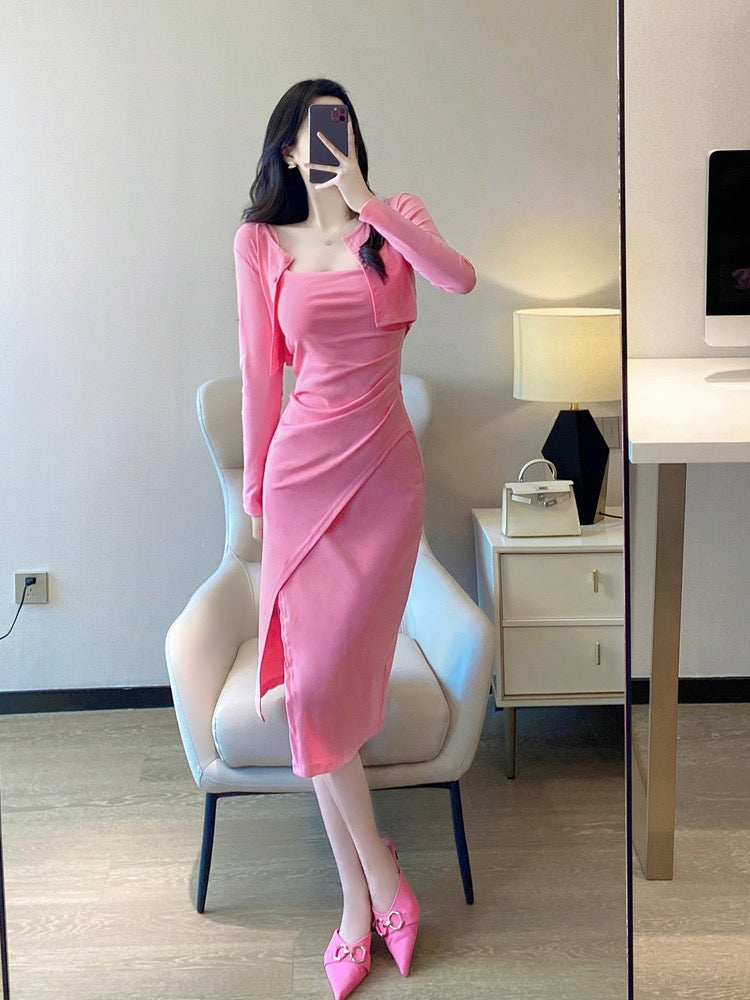 Pink suspender dress suit 2023 spring and autumn new temperament celebrity pure desire style sexy mid-length two-piece set