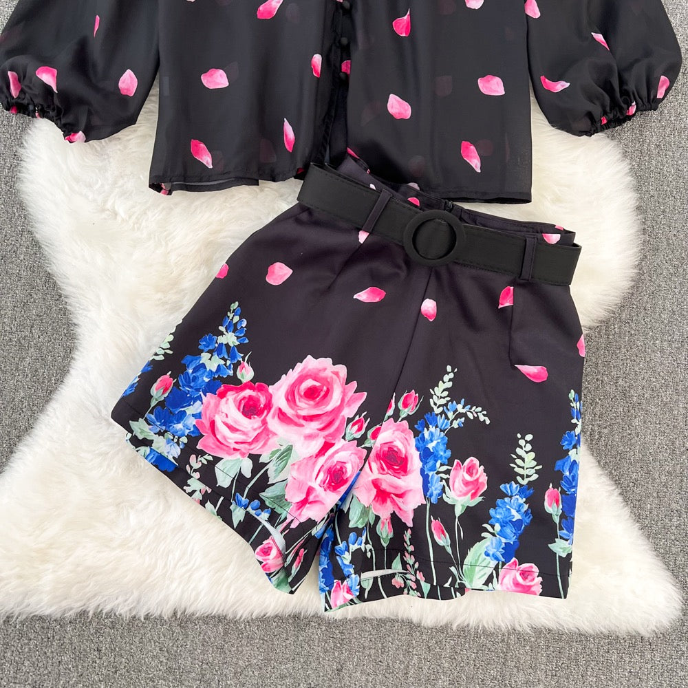 Fashion suit female celebrity temperament bow tie loose printed shirt two-piece set high waist wide leg shorts autumn