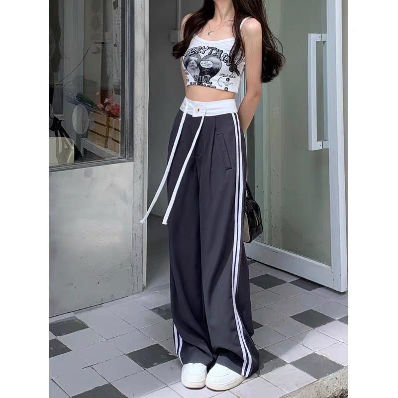 American retro high-waisted thin wide-leg casual pants women's loose leggings sports pants sweat pants summer straight pants
