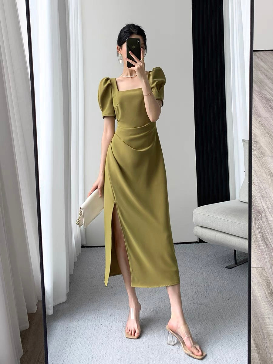 Guo Ge custom green dress women's 2022 summer new high-end sense waist slim temperament square collar long skirt