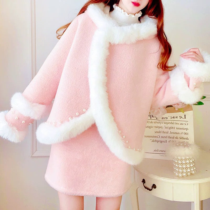 Xiaoxiangfeng suit women's autumn and winter 2022 new temperament ladies cloak hooded coat coat short skirt two-piece set