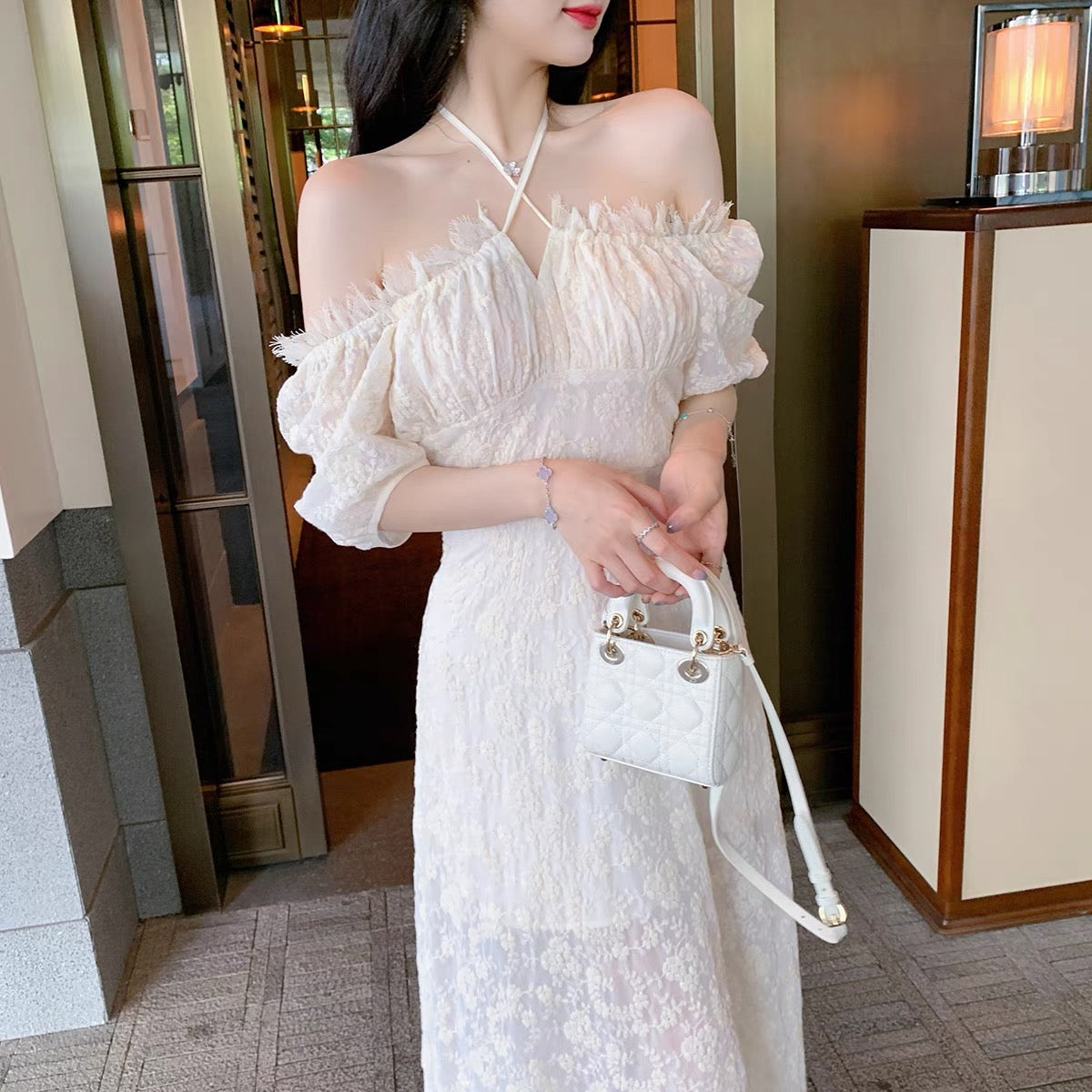 ByYou summer white halterneck lace dress feminine sexy one-shoulder puff sleeves waist mid-length skirt 1165