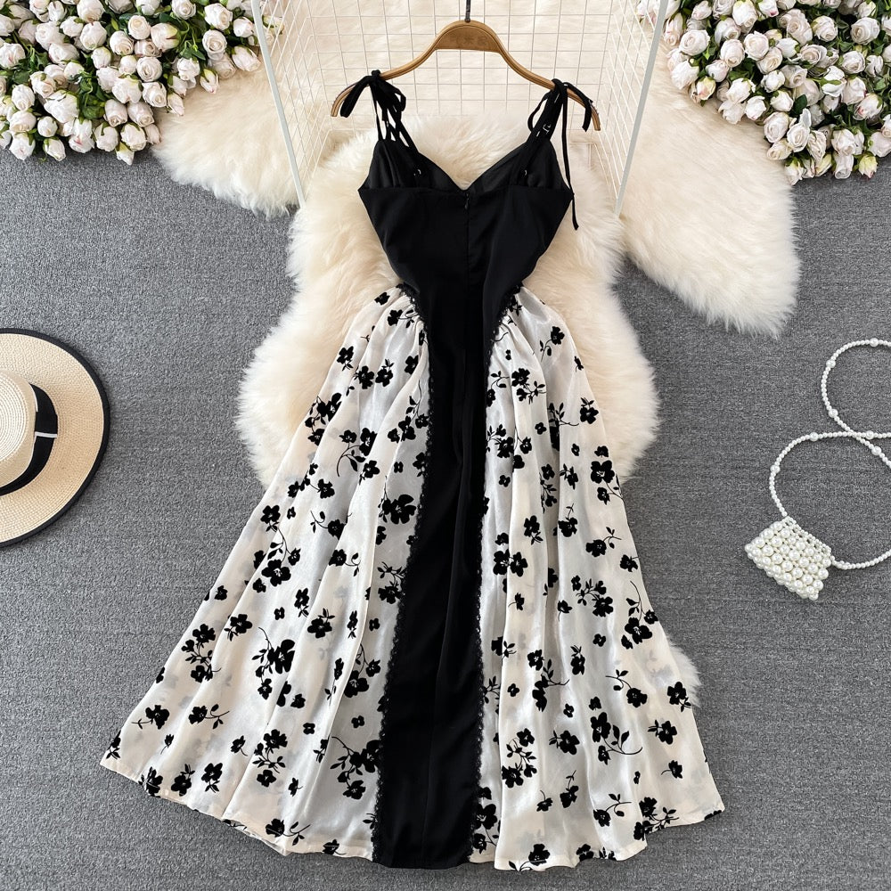 Summer celebrity temperament hit color floral suspender skirt French retro waist slimming sleeveless a-line large swing dress