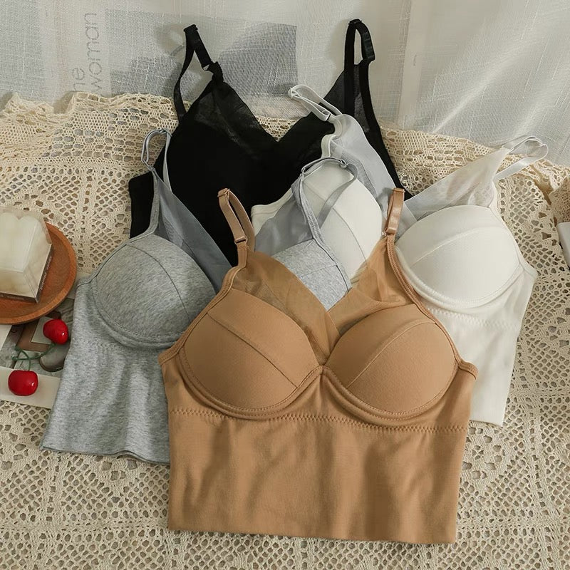Korean version without steel ring, small chest, large chest pad, bra women's 2022 new mesh stitching beautiful back short camisole