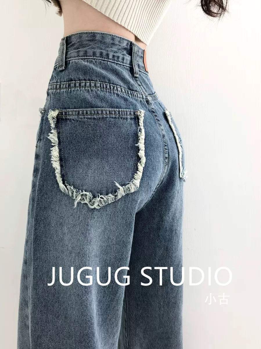 JUGUG American straight jeans women's spring and summer fall feeling loose mopping high-waisted wide-leg pants slim dad pants