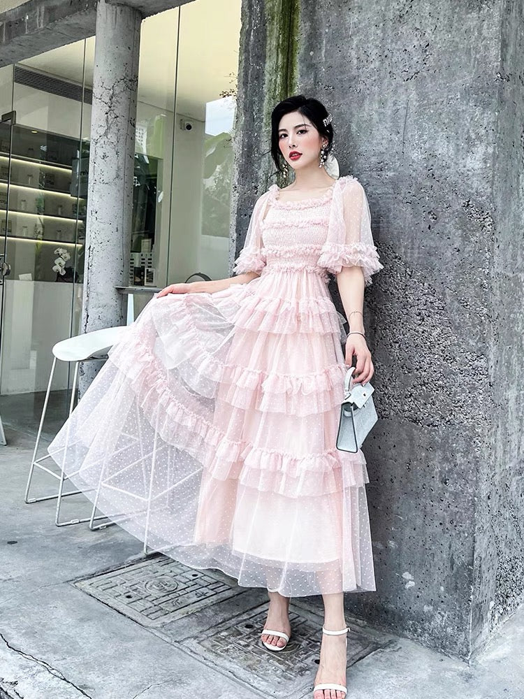 Pink French retro mesh dress female summer 2022 new gentle puff sleeve fairy skirt super fairy forest 1419