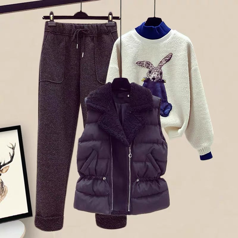Winter three-piece set Western style plus velvet thick sweater vest woolen pants fashion age-reducing suit 2022 new women 1812