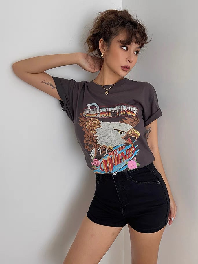 European and American cool girl American retro eagle letter print short-sleeved T-shirt casual out of the street trendy top ins