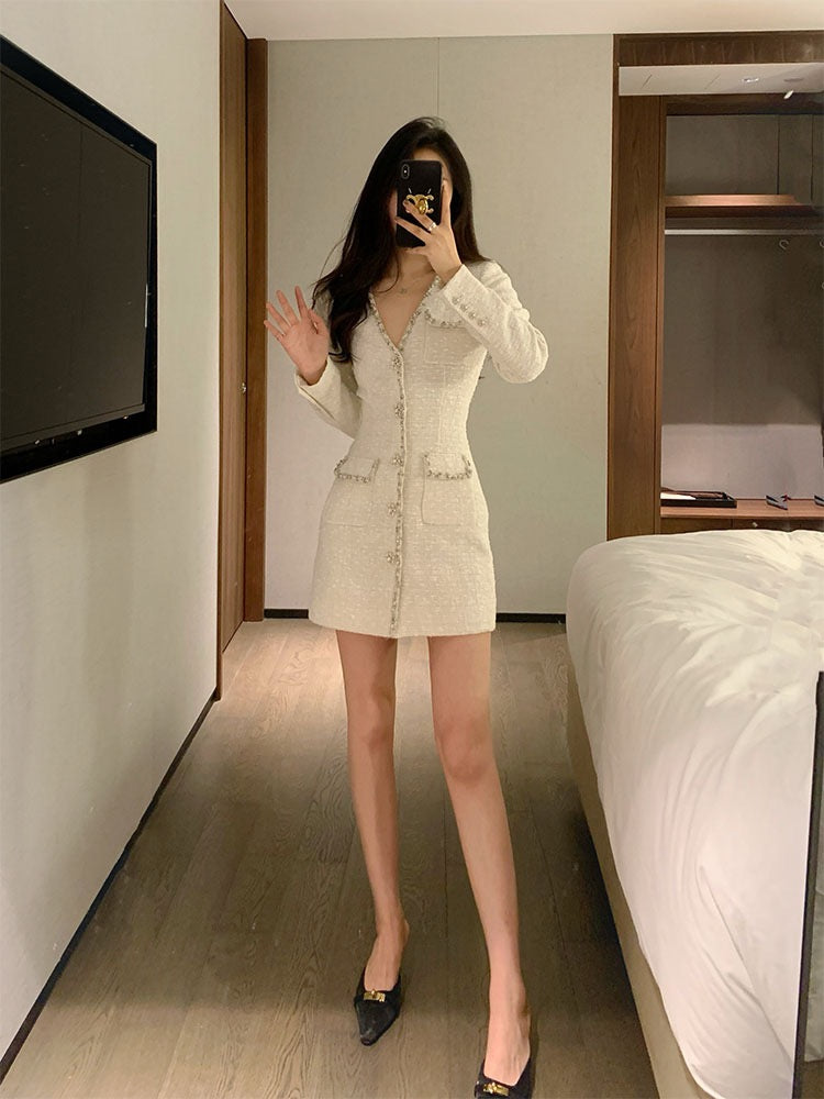 Small fragrance style high-end sense waist waist temperament celebrity autumn and winter with coat skirt v-neck thick floral bottoming dress female