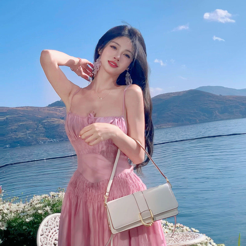 2023 new summer French style high-end temperament pink dress long skirt Sanya seaside holiday suspender dress female