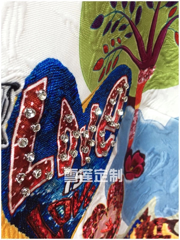 Europe and the United States 2022 summer new retro cartoon letter printing heavy work diamond A-line skirt loose and thin dress