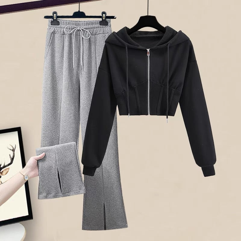 Autumn small loose short coat gray hooded zipper sweater pants casual pants suit female spring two-piece