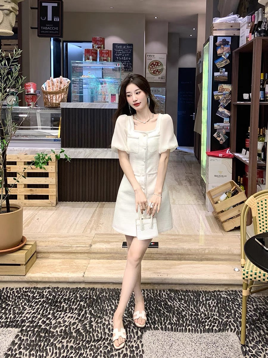 Guoguojia Dress Women's Summer 2022 New Small Fragrant Style Square Collar Temperament Slim Fit and Thin Mid-Length Skirt 1111