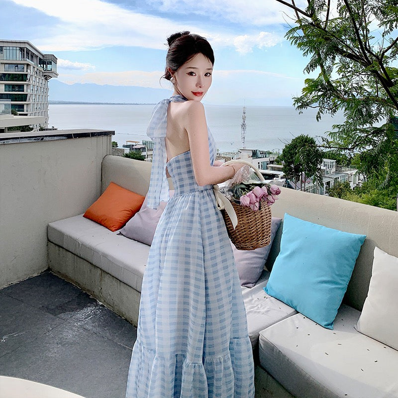 Sanya Beach Skirt Blue Chiffon V-neck Halter Neck Dress Female Summer Bohemia Seaside Holiday Backless Long Skirt