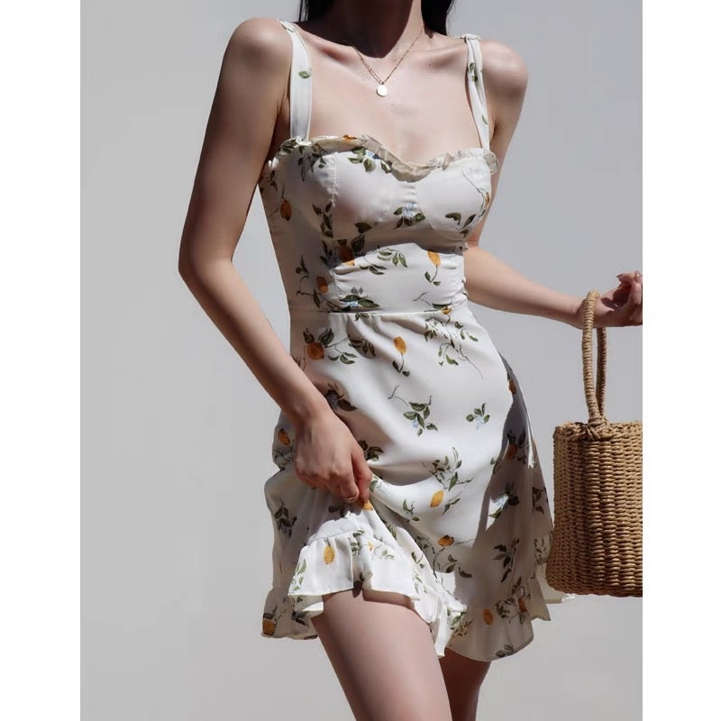 French fresh girl summer lemon slimming slim holiday dress retro strappy waist skirt dress