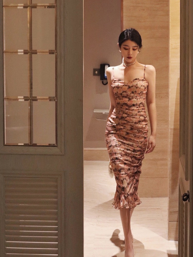 Thirteen and Little French Floral Dress Women's Summer Slim Thin Package Hip Skirt Sexy Sling Mermaid Skirt