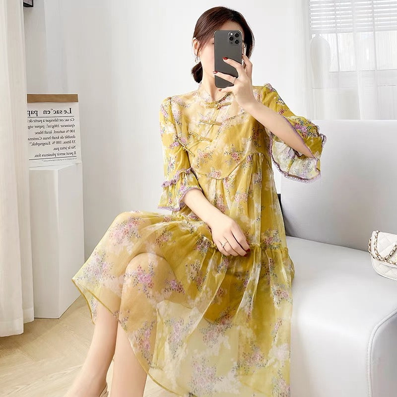 Chinese style 2022 new women's summer loose mid-length dress women's plate button stand collar two-piece chiffon skirt