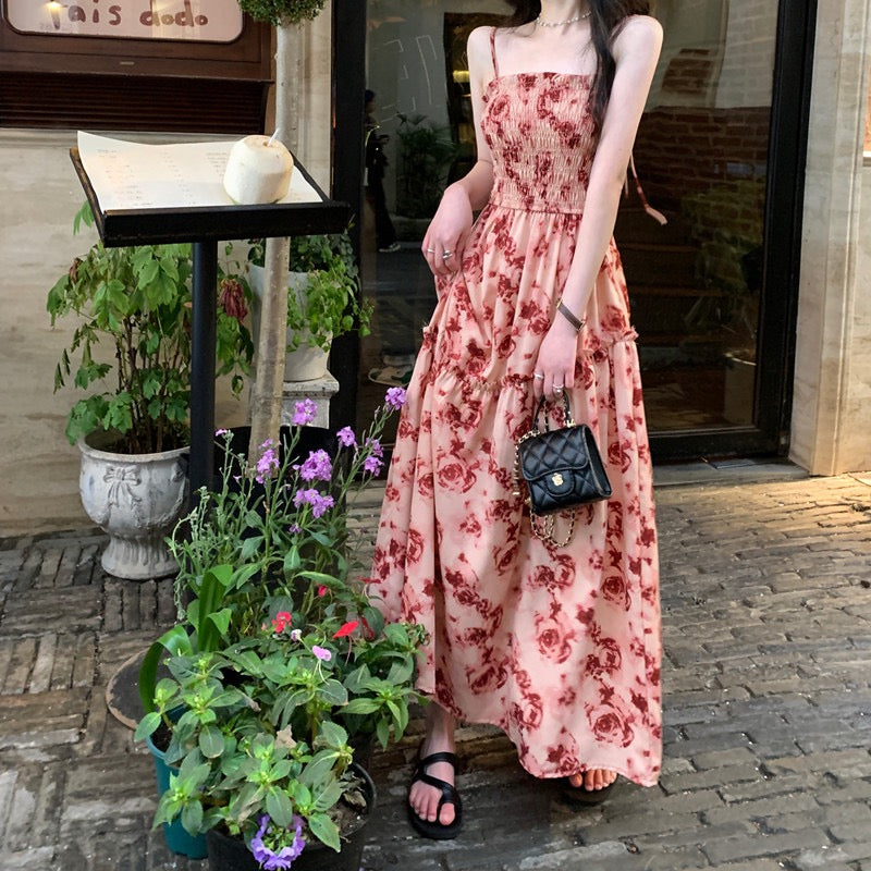 kumikumi retro rose print sling dress female summer vacation style wood ear side waist mid-length skirt