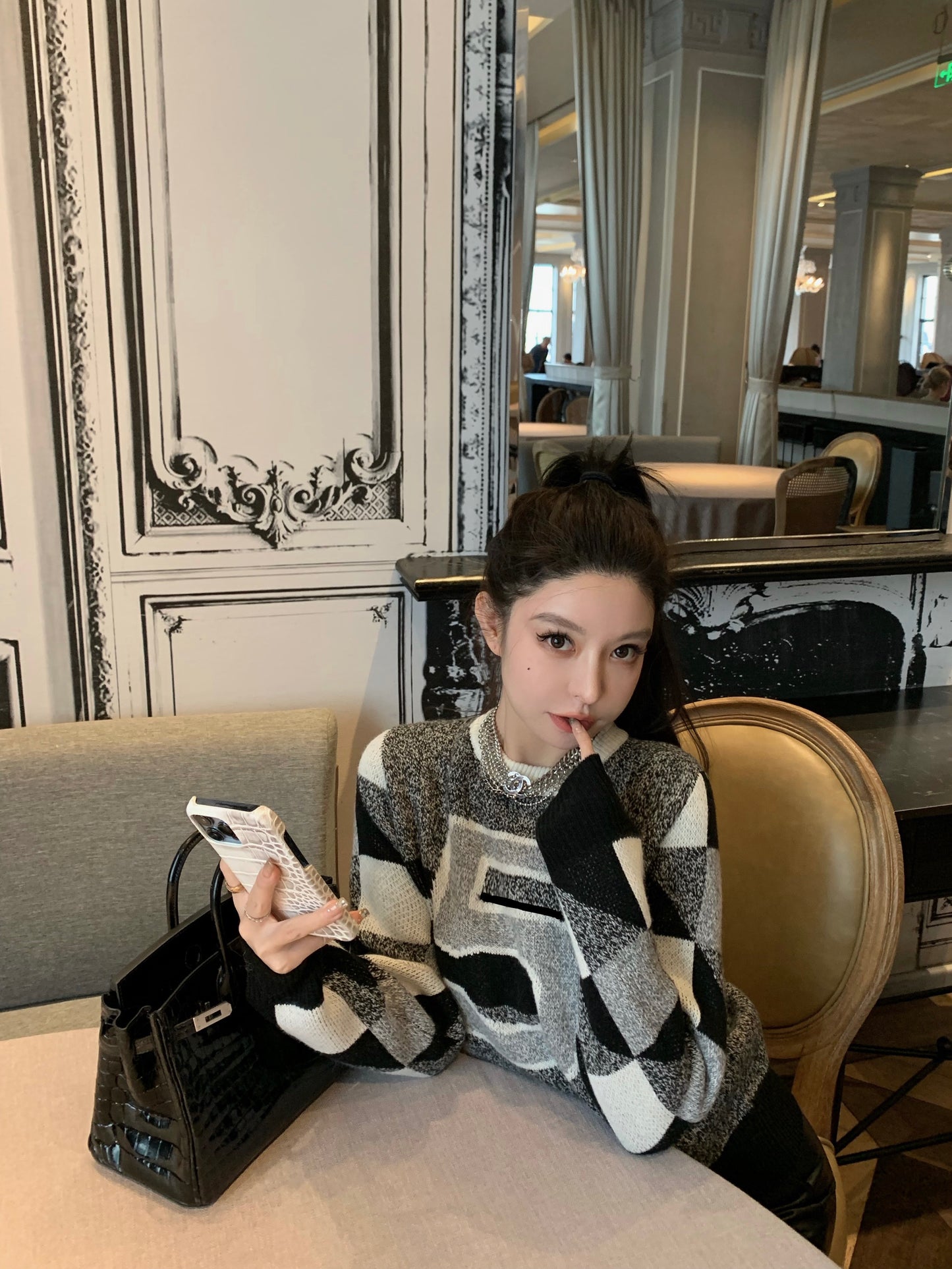 Good morning Fanfan double-sided jacquard color matching 5-character pattern sweater women's autumn and winter loose design casual knitted top