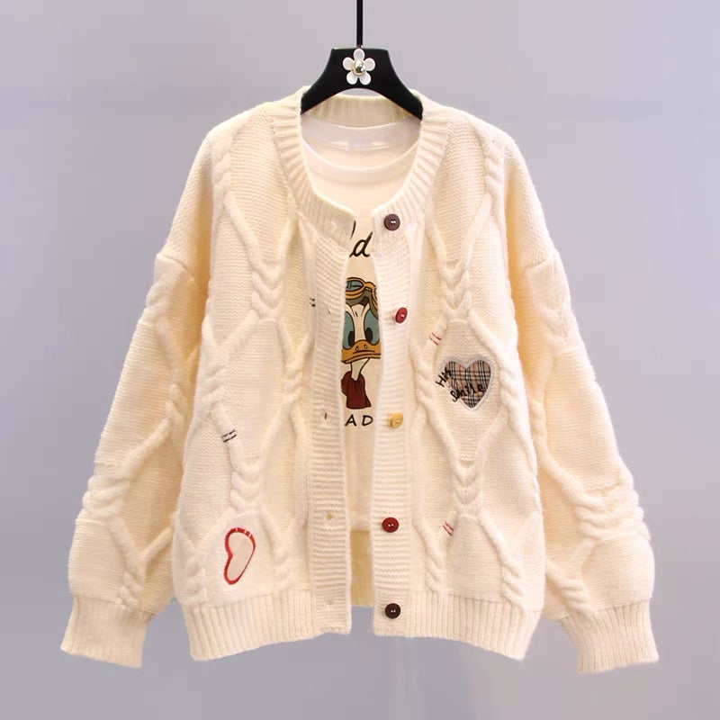 Retro Japanese love embroidered sweater jacket women's autumn and winter 2022 new loose and lazy style outer wear knitted cardigan