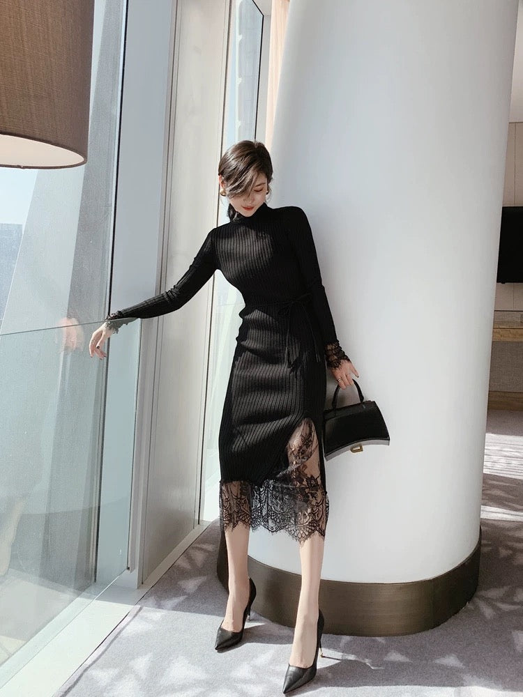 European station 2022 new black slim fit bottoming knitted dress women's autumn and winter lace mid-length skirt 1537