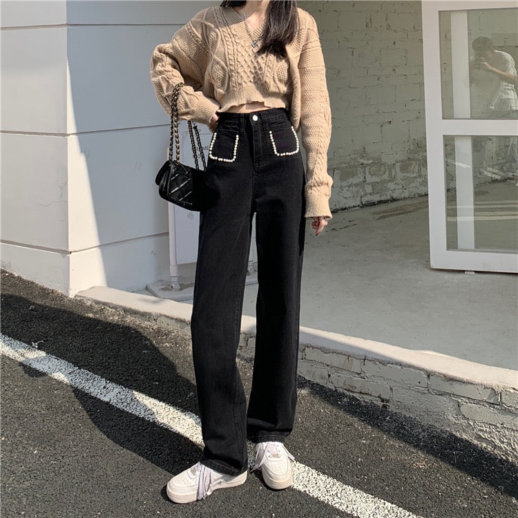 Pearl jeans women's autumn Korean version 2022 new design sense foreign style high waist slimming black wide-leg long pants