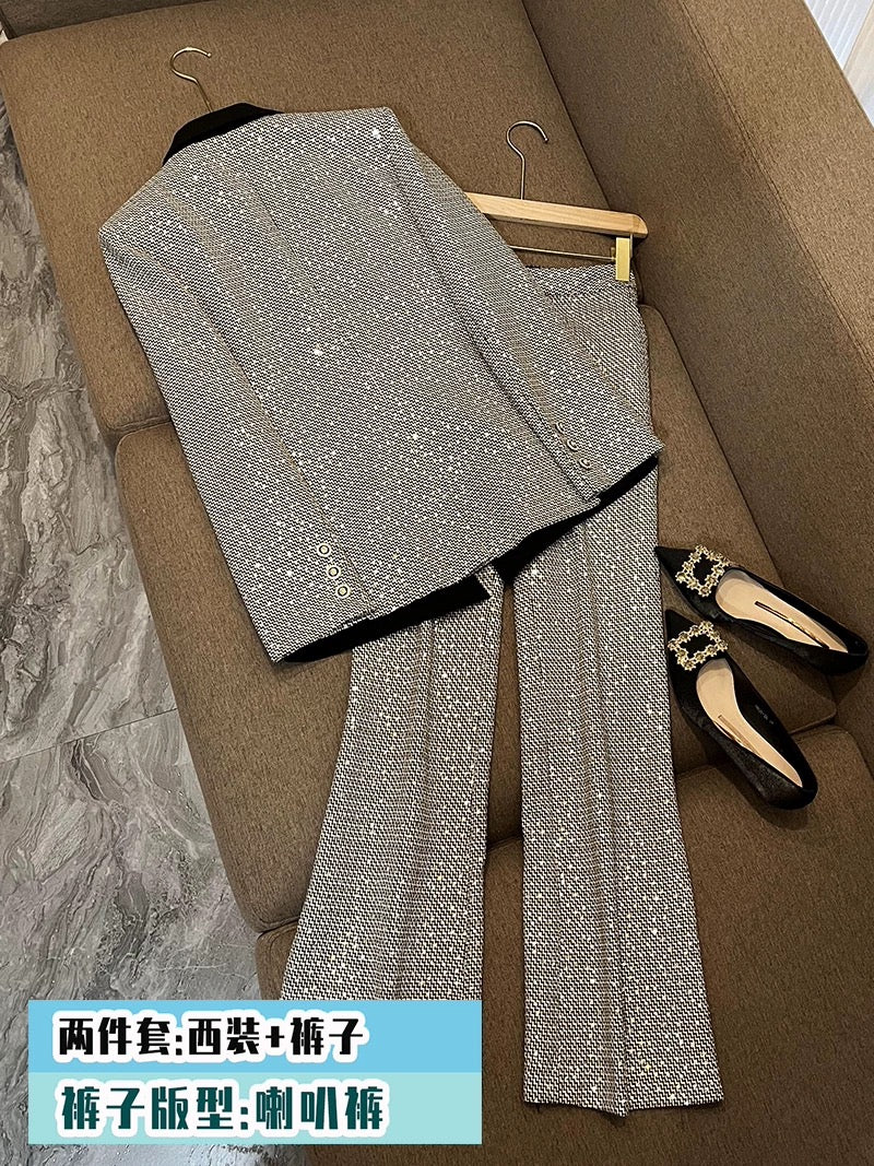Quality European station cross-border hot-selling star temperament sequins small plaid color matching suit trousers suit two-piece set 6