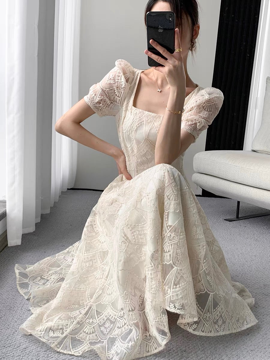 FT GUOGE square neck dress female 2022 summer new high-end French retro gentle style organza long skirt