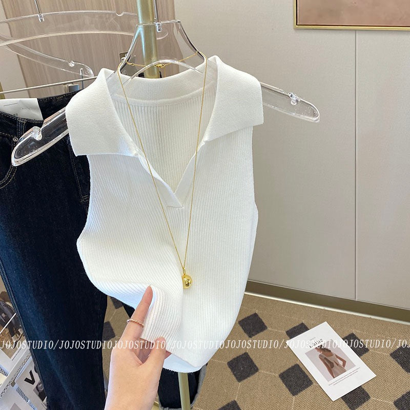 Hong Kong flavor pink polo collar knitted vest female 2023 spring and summer new chic hot girl sexy halter neck sleeveless top