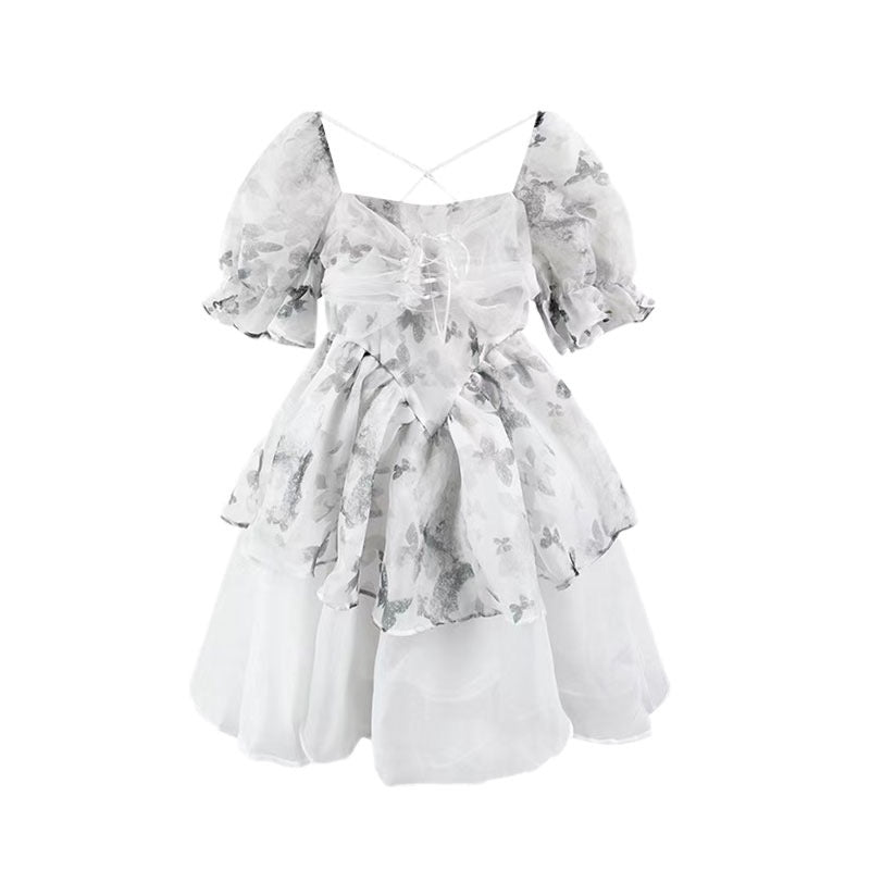 Fugitive Princess Dress French Tea Break Fairy Floral Puffy Dress Puff Sleeves Sweet Western Style High-end Summer