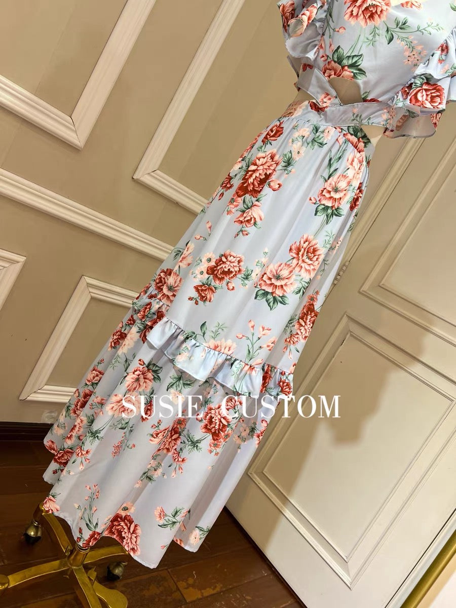 Custom Vintage Rose Print V-Neck Ruffled Flying Sleeves Slim Fit Show Waist A-Line Maxi Dress