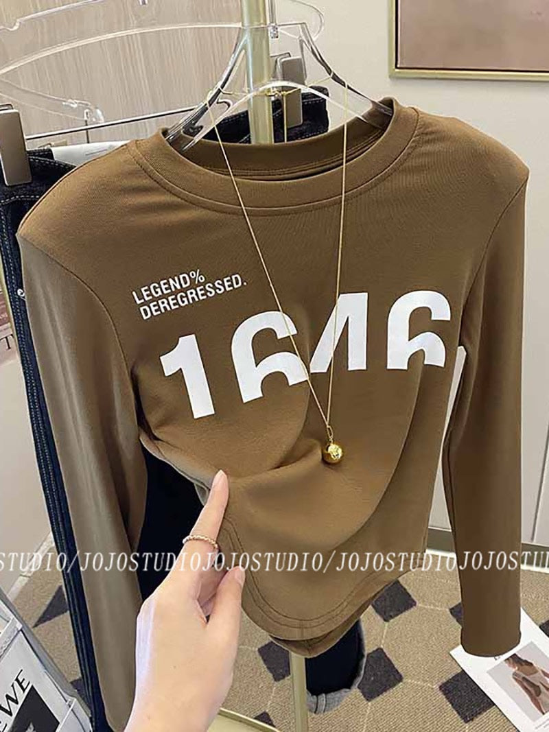 Western style all-match shoulder pads long-sleeved bottoming shirt women 2023 spring and autumn new design sense print plus thin velvet T-shirt top