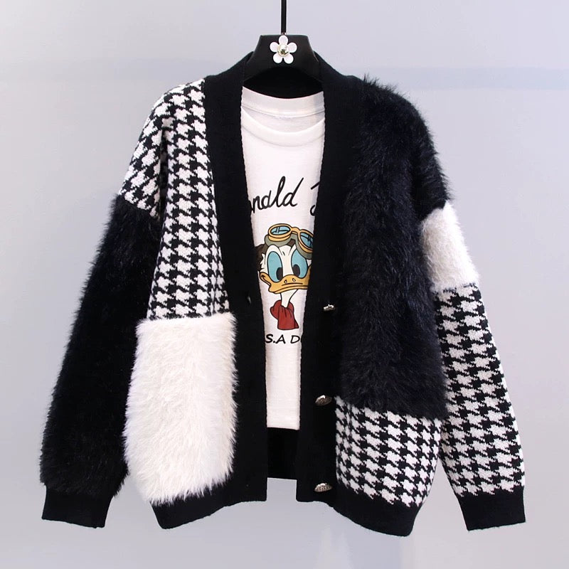 Small fragrance style mink fleece houndstooth sweater coat women's autumn and winter 2022 new loose and versatile Western style knitted cardigan