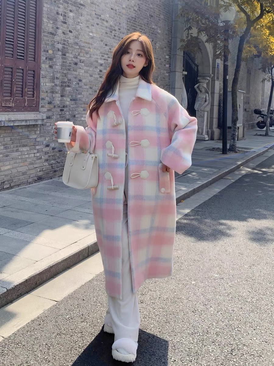 Pink horn buckle woolen coat women's winter plaid Korean style gentle and sweet 2022 new small woolen coat